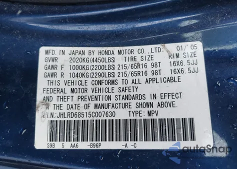 2005 Honda Cr-V Lx z USA, uszkodzony, nr VIN JHLRD68515C007630